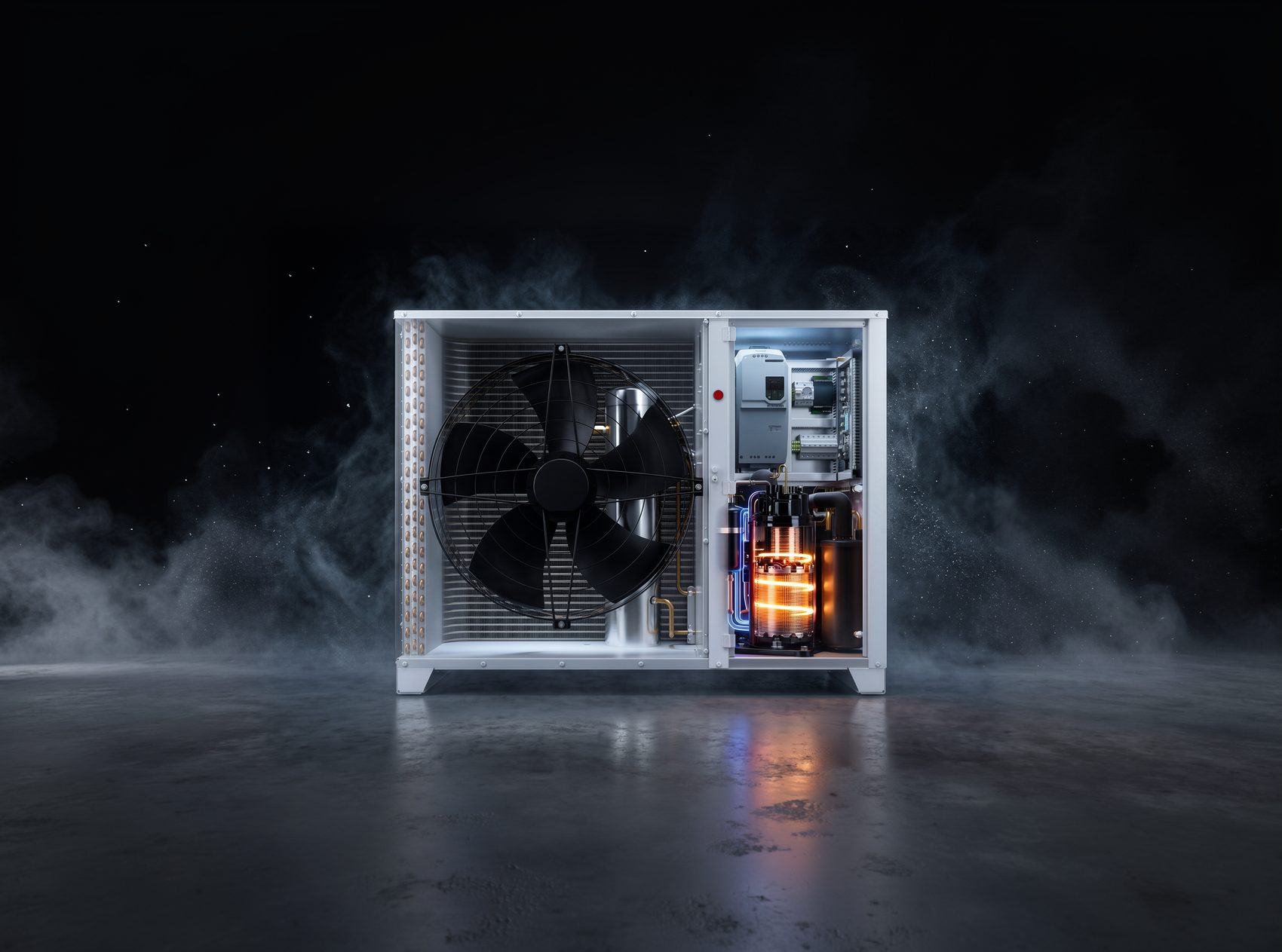 Wnętrze agregatu MultiCool+ - sprężarka scroll i wentylator