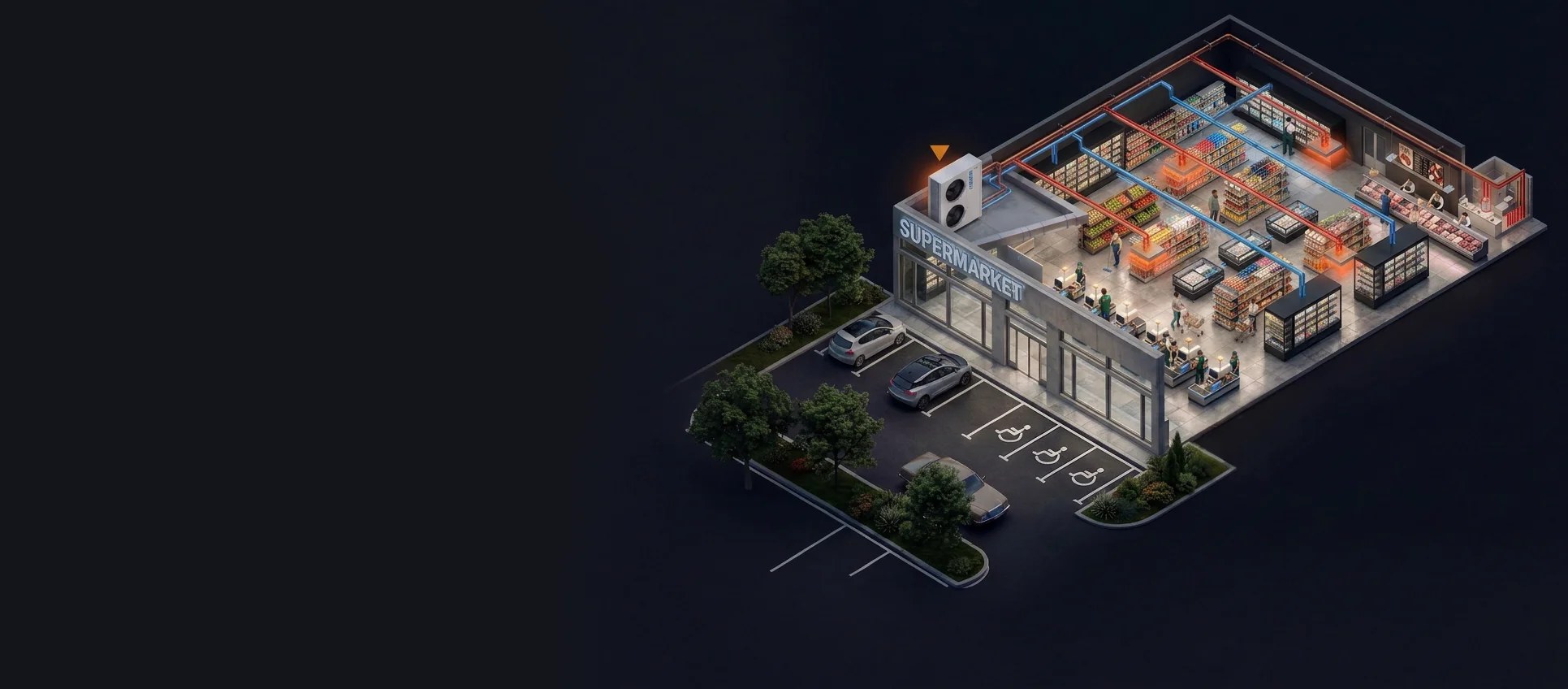 Wizualizacja systemu Smart Heat Management w supermarkecie